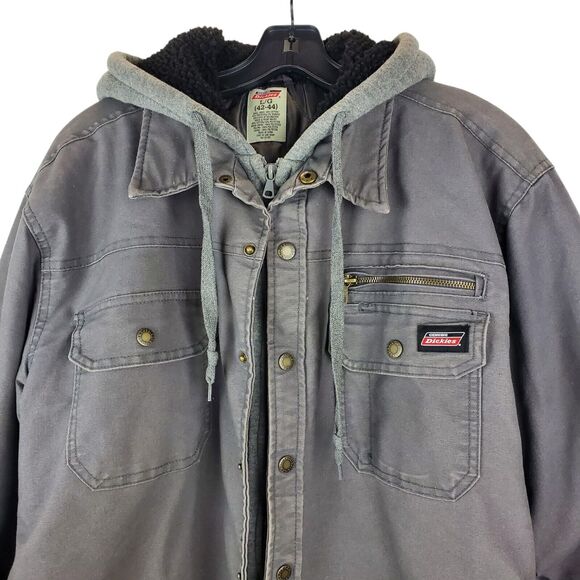 DICKIES Jacket Mens Large 42/44 Gray Hooded Outdoor Workwear Canvas Fleece Lined - Picture 3 of 11